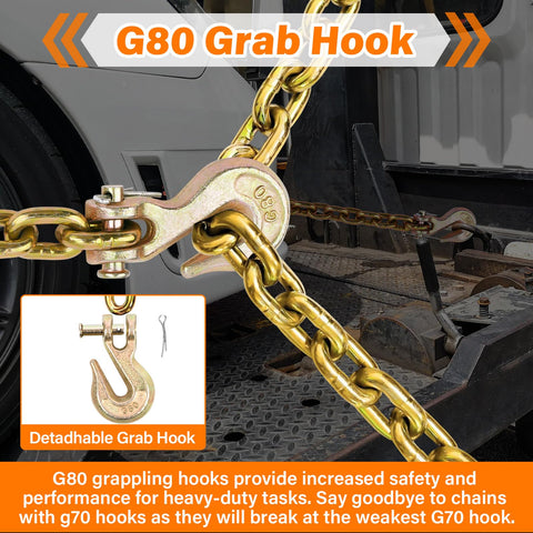 Heavy Duty G80 Chain Binder Kit Two Pack With 5/16 To 3/8 Inch Chains showing G80 grab hook in use on trailer