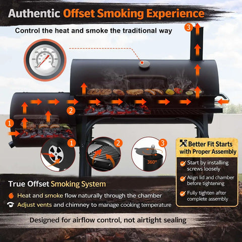 Diagram showing airflow and smoking system of dual chamber charcoal grill with offset smoker, spacious 510 sq in cooking space