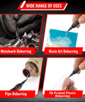 Extendable-neck deburring tool with swivel blades for metal, resin, PVC pipes, copper, plastic, and 3D-printed edges.