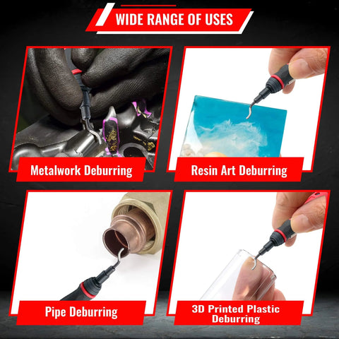 Extendable-neck deburring tool with swivel blades for metal, resin, PVC pipes, copper, plastic, and 3D-printed edges.