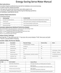 Energy-saving servo motor manual page with safety instructions and parameters for Beefy 1500W Brushless Servo Motor With 200 To 5000 RPM Range And 5.02 Nm Torque 110V Includes Speed Controller For Woodworking Machines Like Lathes Drills Taps Reducers And Belt Sanders.