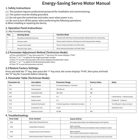 Energy-saving servo motor manual page with safety instructions and parameters for Beefy 1500W Brushless Servo Motor With 200 To 5000 RPM Range And 5.02 Nm Torque 110V Includes Speed Controller For Woodworking Machines Like Lathes Drills Taps Reducers And Belt Sanders.
