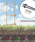 Ground Anchored Rope Ladder For Kids, Kid-Friendly, 6.5 Ft Long By 16 In Wide, showing anchoring nails and rope in use