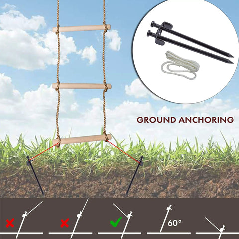 Ground Anchored Rope Ladder For Kids, Kid-Friendly, 6.5 Ft Long By 16 In Wide, showing anchoring nails and rope in use