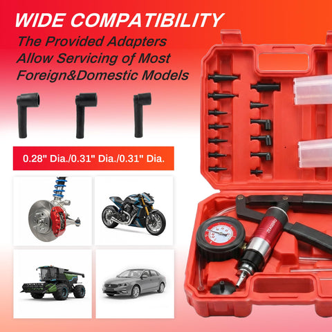 All In One Handy Vacuum Pump Brake Bleeder Kit For Auto Maintenance in red case with adapters and gauge