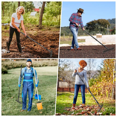 People using 63 Inch Bow Rake Heavy Duty Garden Rake with stainless steel handle for soil loosening and leaf cleanup across seasons