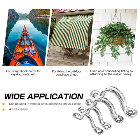 Stainless Steel 316 Deck Loops Tie Down Anchors for boats and kayaks with images of kayak, awning, and hanging plant setup.