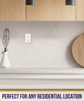 Decorator Wall Plate 1 Gang Switch Receptacle Cover on kitchen wall, white, polycarbonate, 4.50 x 2.76 inches, UL Listed 8831W.