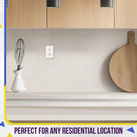 Decorator Wall Plate 1 Gang Switch Receptacle Cover on kitchen wall, white, polycarbonate, 4.50 x 2.76 inches, UL Listed 8831W.