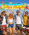 Hello Summer Banner 118 By 20 Inches Outdoor Beach Theme Party Decor With Flamingo And Tropical Fruit Design, people celebrating