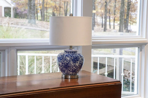 Blue And White Floral Ceramic Table Lamp With White Linen Shade And Brushed Nickel Accents 3 Way Lighting Ginger Jar Inspired Cozy Decor