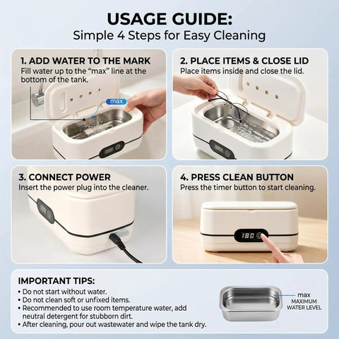 Pro Grade 45khz Ultrasonic Jewelry Cleaner That Cleans As A Whistle With Five Smart Timers And Auto Shutoff Big 400ml Stainless Steel Tub usage guide with steps for cleaning.