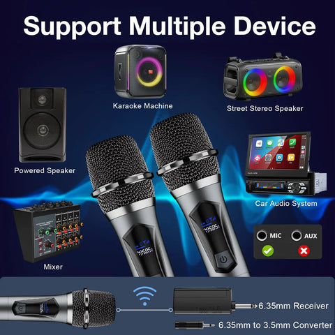 Support multiple devices with dual handheld wireless karaoke microphone set, featuring cordless dynamic mics with rechargeable receiver.