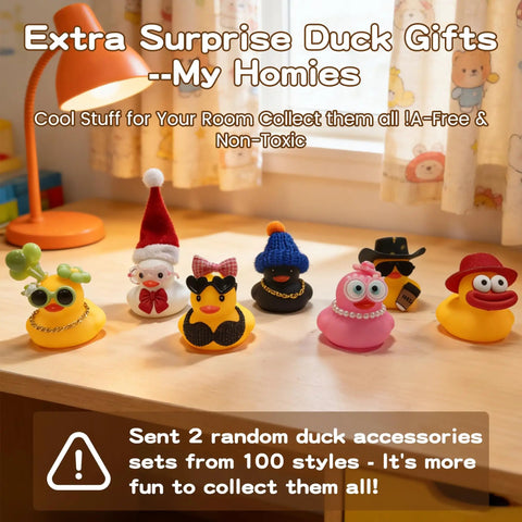 Colorful silicone rubber duck toys on nursery table, focus on diversity of playful accessories, non-toxic and shatterproof toys.