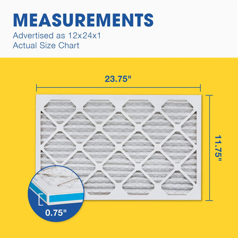 12x24x1 MERV 11 Pleated HVAC Furnace And Air Conditioner Filter measurements diagram showing actual size 11.75x23.75x0.75
