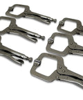 Six Pack 11 Inch C Clamp Locking Pliers With Swivel Pads, Heavy Duty Locking Pliers, 3.25 Inch Jaw Opening on white background