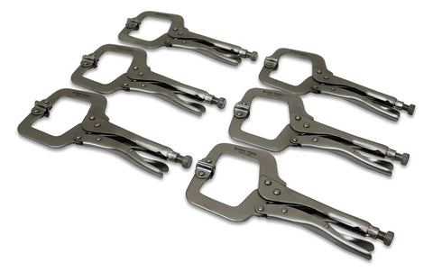Six Pack 11 Inch C Clamp Locking Pliers With Swivel Pads, Heavy Duty Locking Pliers, 3.25 Inch Jaw Opening on white background