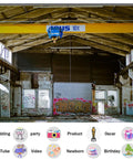 20X10FT Polyester Fabric Abandoned Industrial Warehouse Crane Graffiti Backdrop showcasing gritty factory interior decor.