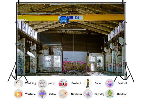 20X10FT Polyester Fabric Abandoned Industrial Warehouse Crane Graffiti Backdrop showcasing gritty factory interior decor.