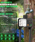 2 Zone Hose Timer With Auto Rain Delay, 3.3-Inch LCD, IP54 Waterproof Drip Irrigation Controller attached to outdoor faucet
