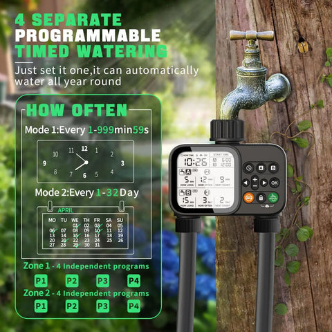 2 Zone Hose Timer With Auto Rain Delay, 3.3-Inch LCD, IP54 Waterproof Drip Irrigation Controller attached to outdoor faucet