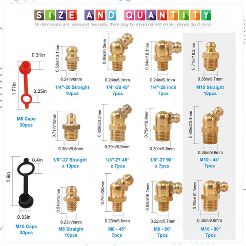 156 Piece Metric And SAE Hydraulic Grease Fittings Kit With Brass Zerk Nipples, M6 M10 Caps, Assorted Sizes and Angles