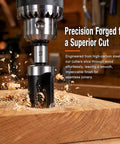 Kickass 8 Piece Carbon Steel Plug Cutter Drill Bit Set with 9.5mm Shank cutting into wood with 13mm bit for seamless joinery.