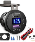 Ride Ready USB PD Type C Car Charger Socket With Digital Voltmeter And Rocker Switch Straight Shooter 12 To 24V showing voltmeter and connection parts.