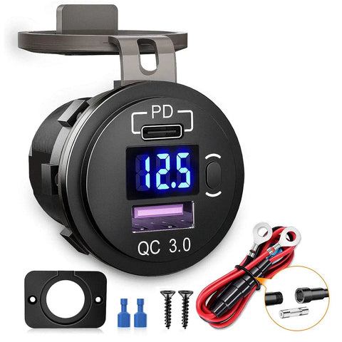 Ride Ready USB PD Type C Car Charger Socket With Digital Voltmeter And Rocker Switch Straight Shooter 12 To 24V showing voltmeter and connection parts.