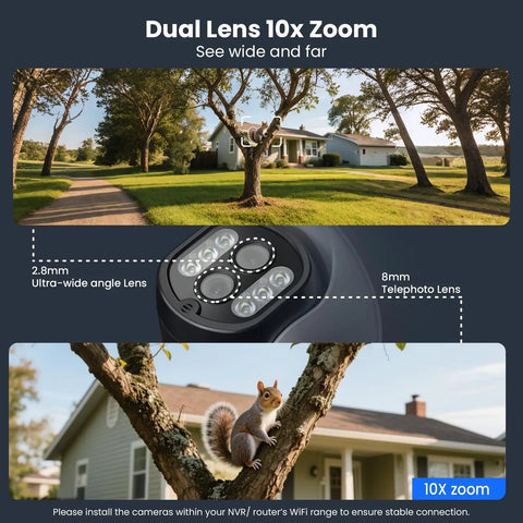 Image showcasing dual lens 10x zoom feature of 10X Zoom Dual Lens PTZ Security Camera With AI Auto Tracking And 2K HD Wireless Indoor Outdoor Surveillance System For Motion Detection And No Fuss 24 Seven Monitoring And 2 Way Audio, including ultra-wide angle and telephoto lenses in outdoor setting.