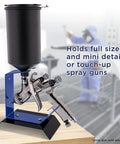Benchtop Gravity Feed Spray Gun Holder Stand for Auto Paint HVLP Guns on wooden table with blue steel rack holding spray guns