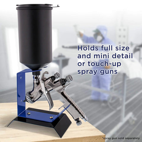Benchtop Gravity Feed Spray Gun Holder Stand for Auto Paint HVLP Guns on wooden table with blue steel rack holding spray guns
