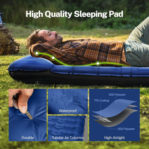 Person lying on 6 Inch Thick Camping Sleeping Pad With Built In Foot Pump in grass, showing durability, waterproof features.