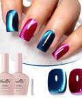 Two Color Cat Eye Magnetic Gel Polish Set 10ml Each In Deep Teal Blue And Fuchsia Rose Red with bottle and magnet wand