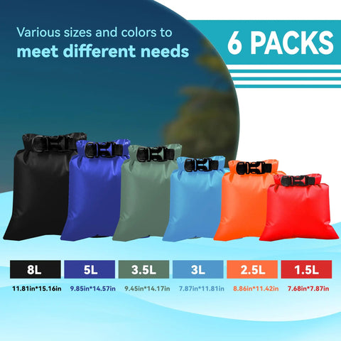 6 Pack Waterproof Dry Bags For Kayaking And Outdoor Adventures, Lightweight Yet Durable With Double Layer Coating in 6 Sizes