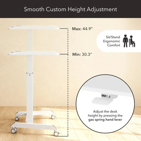Diagram showing Portable Laptop Cart On Wheels With Adjustable Height Sit Stand Desk in white, with height range of 30.3-44.9 inches.