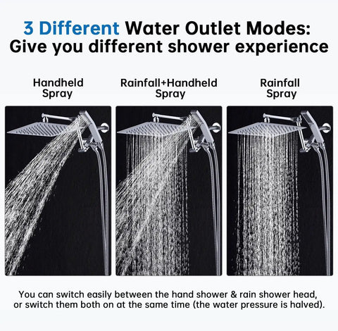 Three mode display of All Metal 10 Inch Rainfall Shower Head With Handheld Spray Combo in chrome finish