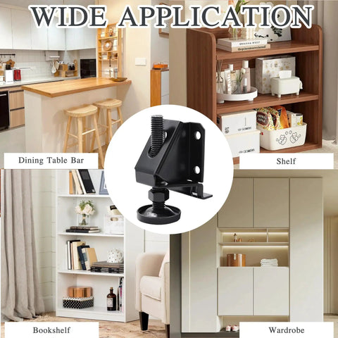 Heavy Duty Adjustable Leveling Feet 4 Pack Black Furniture Levelers With Hex Key Adjustment for Couches Cabinets Benches And Shelves, shown in various applications like dining table, shelf, and wardrobe.