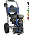 Powerful Gas Pressure Washer 3400 PSI, 2.6 GPM, With Onboard Soap Tank, 25 Feet Hose, Spray Gun And Wand, 5 Nozzle Set in blue