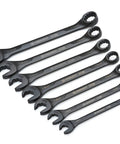 X6 Black Oxide Spline Open End Ratcheting Metric Wrench Set 7 Pieces Lets You Spin Nuts Without Losing The Grip Ratcheting Open Ends Fit Hex Square 12 Pt ETorx Rounded Hex And Spline Fasteners Includes 8 10 12 13 14 15 17 Mm, laid in a row