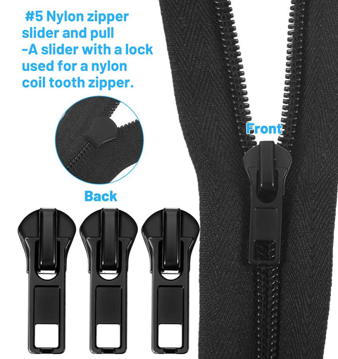 39 Piece Zipper Replacement Kit With Sliders And Pulls Retainer Boxes And Insertion Pins Multi Color Teeth Repair Set For Coats And Bags Including Zipper Head For Easy Fixes displayed with black nylon zipper slider and pull.