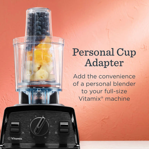 Personal Cup Adapter Kit For Full Size Blenders, BPA Free And Dishwasher Safe, attached to Vitamix blender with fruit inside.
