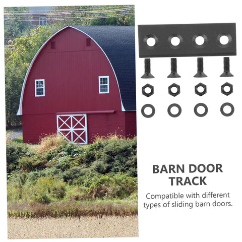 Sturdy Metal Barn Door Track Hardware Kit With Connecting Brace For Smooth Quiet Operation And No Fuss Setup Includes Durable Rail Connector Plates And Flat Mending Repair Plates For DIY Home Renovation visible with a red barn background.