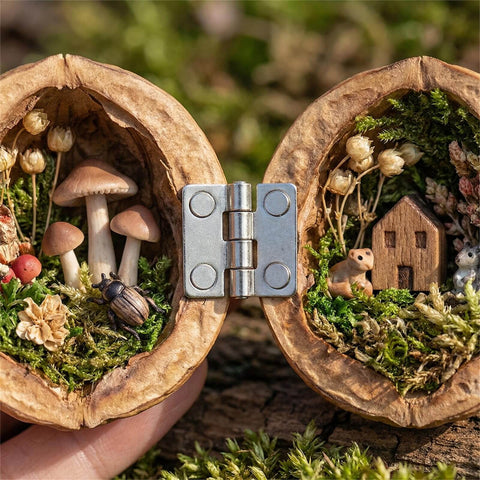 Miniature scene with a 100 Pcs Mini Hinges Set With 400 Screws 10x8mm Silver Butt Hinges For Jewelry Boxes Dollhouses Chest Cabinets And Diy Crafts Furniture Projects Great For Jewelry Boxes Dollhouses Small Cabinets And Woodworking Or Diy Hobby Projects connecting two decorated walnut halves.