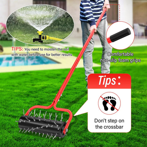 Heavy Duty Rolling Lawn Aerator With Upgraded 54 Pre Attached Spikes Pro Grade Manual Push Lawn Tool in use on grass lawn