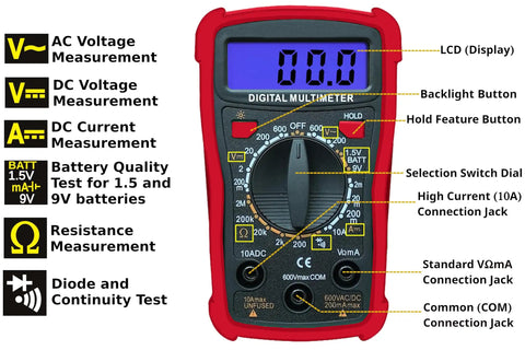 Digital multimeter from All In One Soldering Kit With 60W Adjustable Iron, 30 In One Tips, showing measurement options and features.