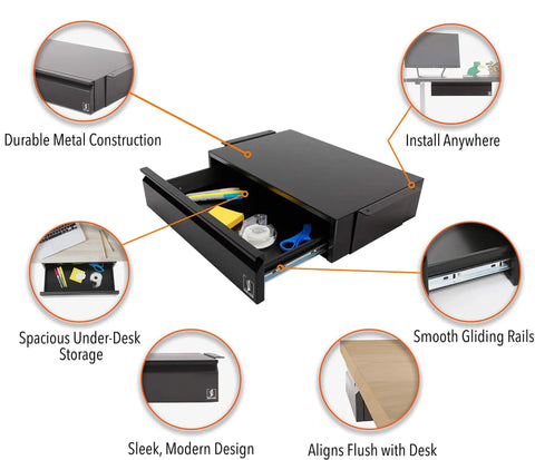 Solid Under Desk Drawer With Smooth Glide Tracks, No Fuss Pull Out Storage Bin, Quick Mount Workstation Rack, Super Clean Office Setup Organizer Black
