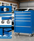 Badass Heavy Duty Five Drawer Rolling Tool Chest With Top Shelf Lock And Ridiculously Smooth Wheels For Hella Secure Garage Storage And Pro Shop Organization Built Tough In Blue, showing safety lock and caster details.