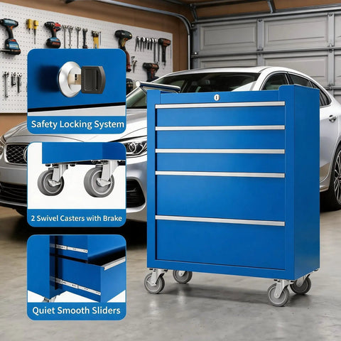 Badass Heavy Duty Five Drawer Rolling Tool Chest With Top Shelf Lock And Ridiculously Smooth Wheels For Hella Secure Garage Storage And Pro Shop Organization Built Tough In Blue, showing safety lock and caster details.