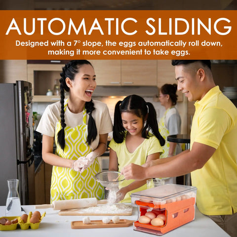 Family baking in kitchen with Stackable Fridge Egg Organizer With Lid, Large Capacity Egg Holder Tray For Refrigerator on counter.